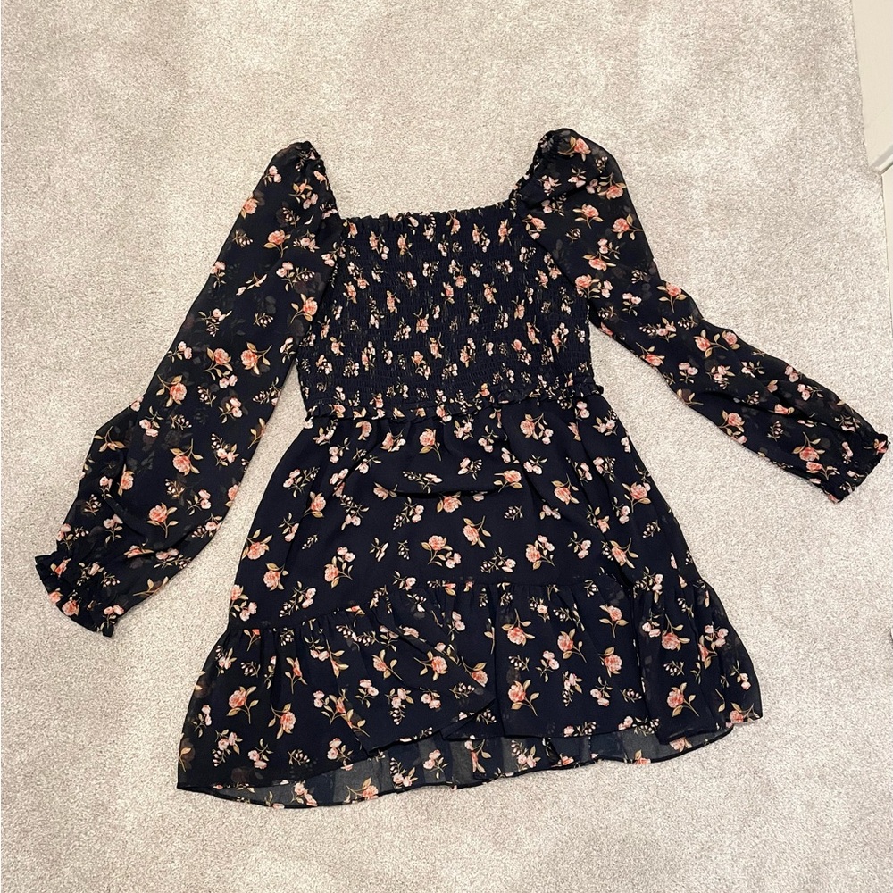 1.state Floral Smocked Bodice Ruffle Hem Long Sleeve Dress